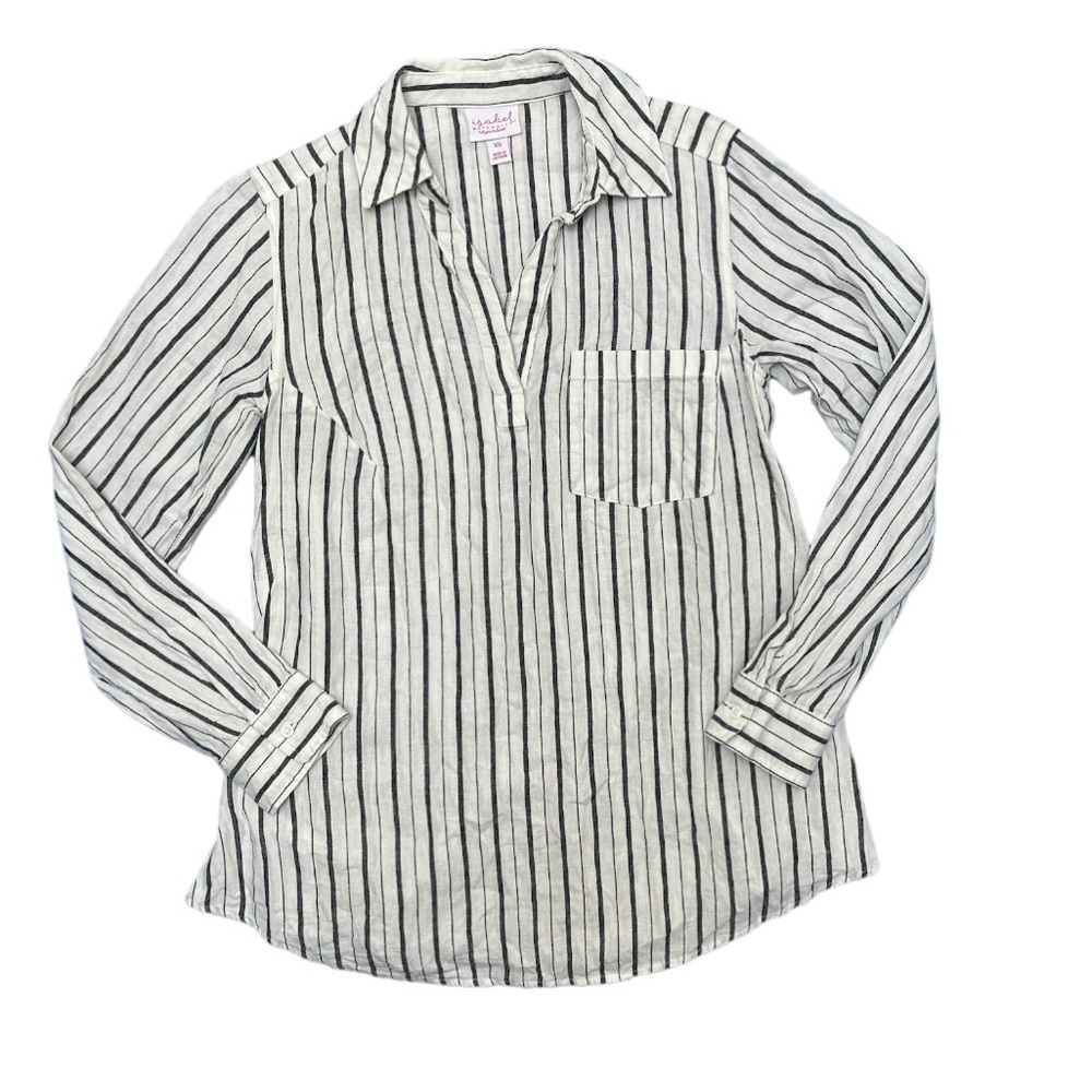 Isabel Maternity Linen Snap Sides, V-Neck Collared Striped Linen EUC Beachy